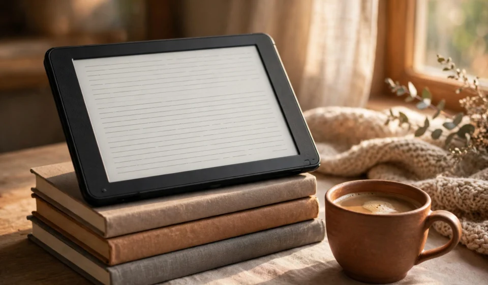 E-reader resting on a stack of books beside a cup of coffee