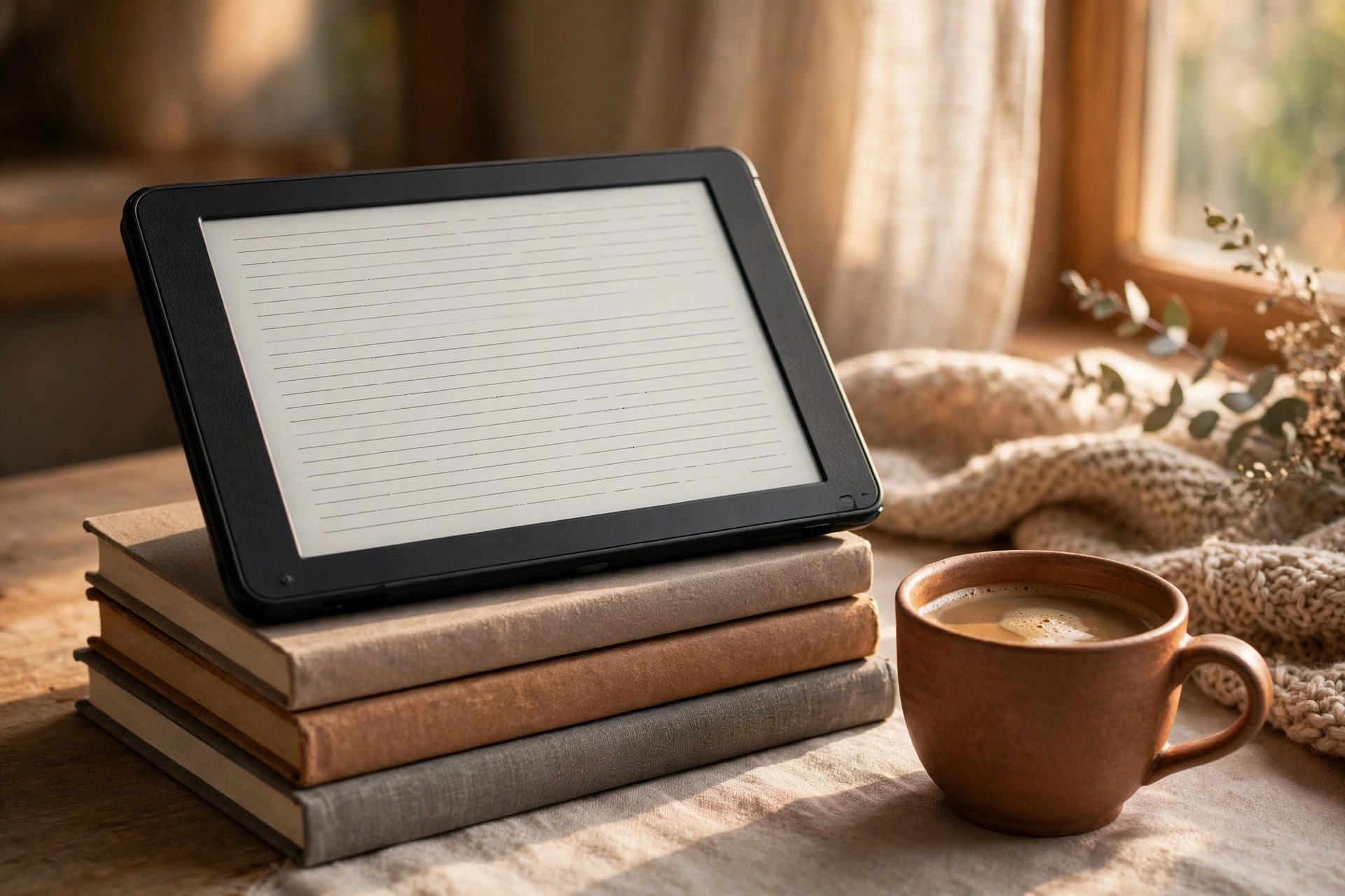 E-reader resting on a stack of books beside a cup of coffee