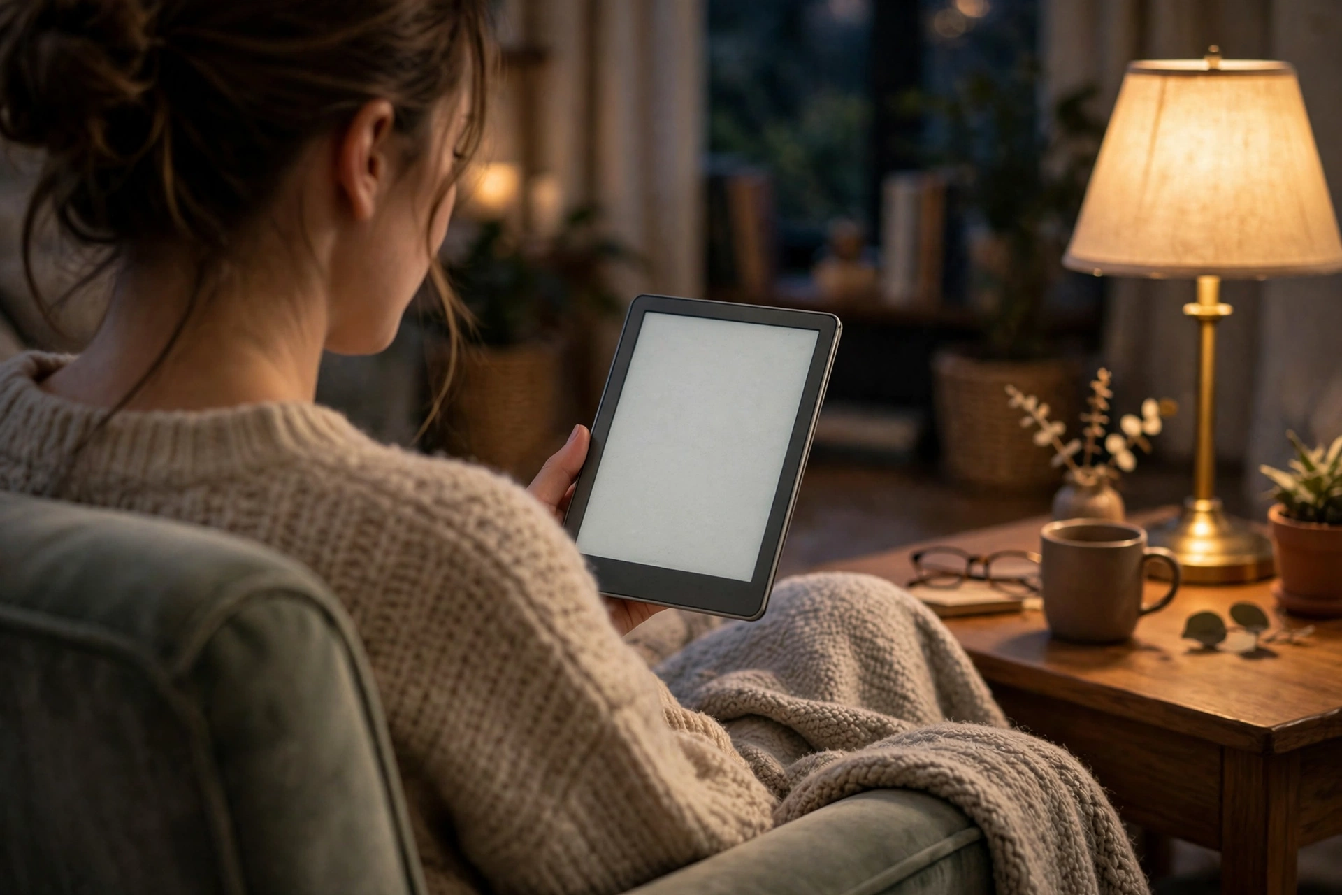 Reading on an e-reader in a comfortable armchair