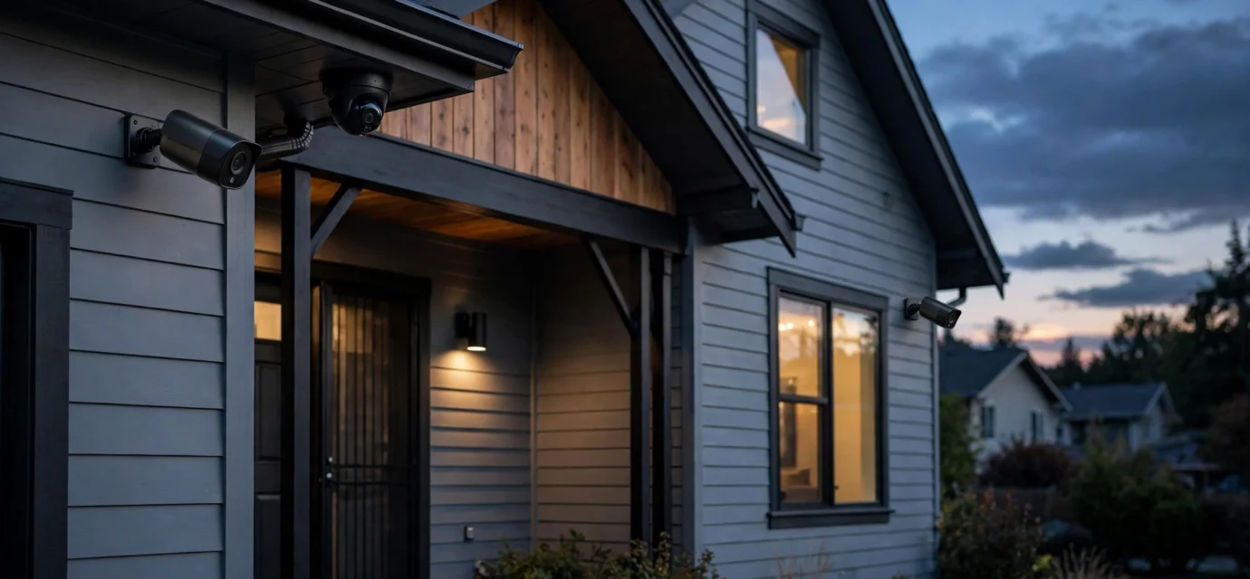 Home security cameras mounted outside a house at dusk