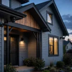 Home security cameras mounted outside a house at dusk