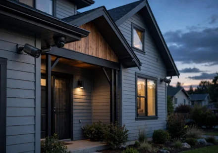 Home security cameras mounted outside a house at dusk
