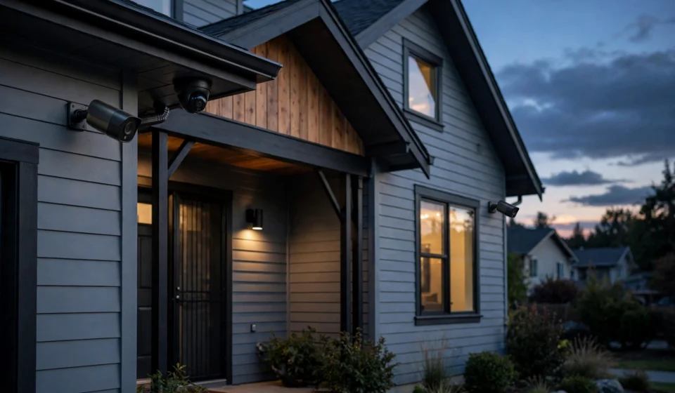 Home security cameras mounted outside a house at dusk