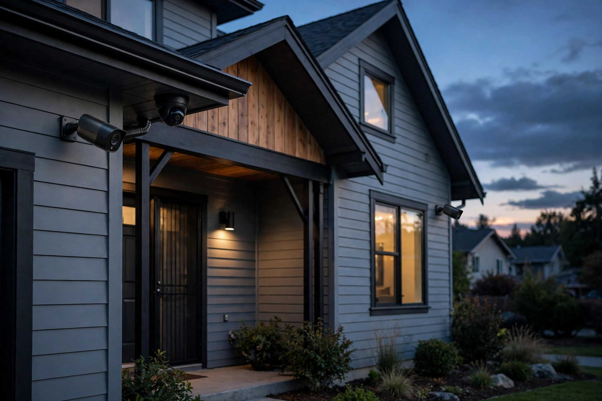 Home security cameras mounted outside a house at dusk