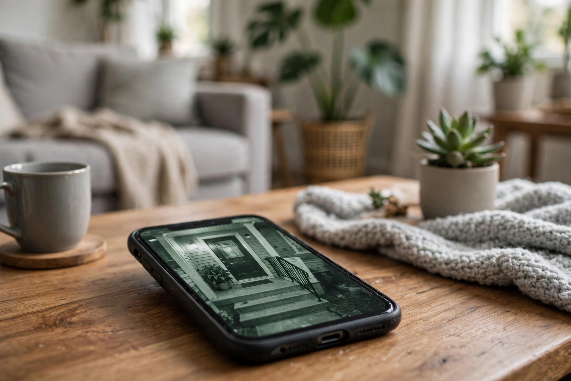 Smartphone showing a security camera live feed on a coffee table