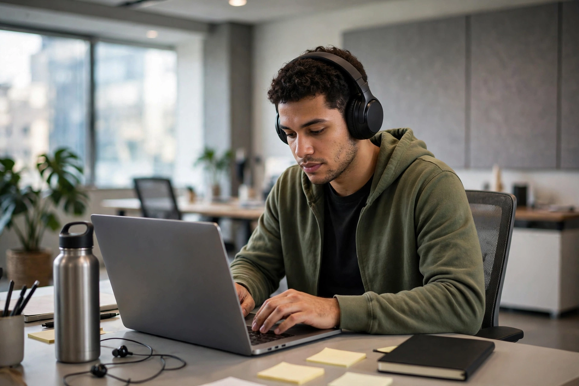 Person wearing noise-cancelling headphones while working in a modern office