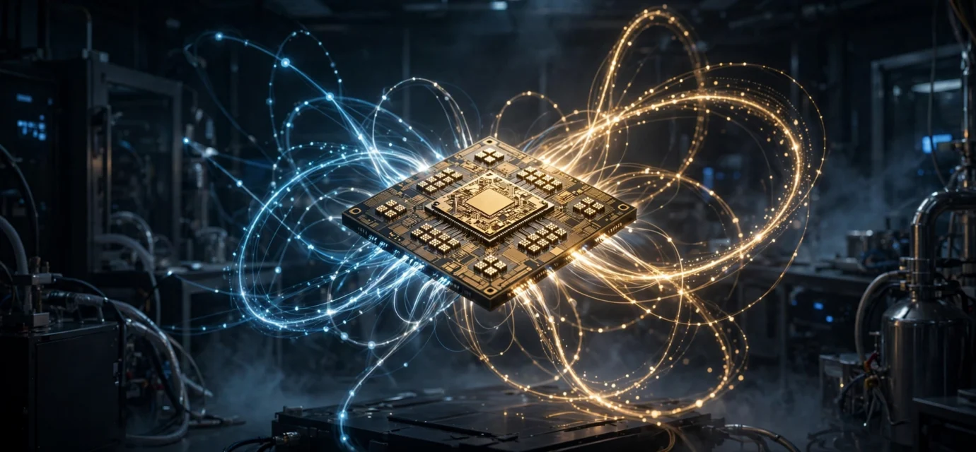 Glowing quantum processor chip with light trails representing qubits