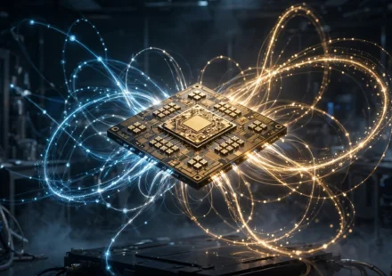 Glowing quantum processor chip with light trails representing qubits