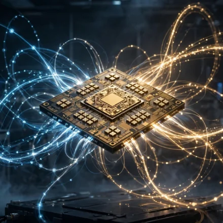 Glowing quantum processor chip with light trails representing qubits