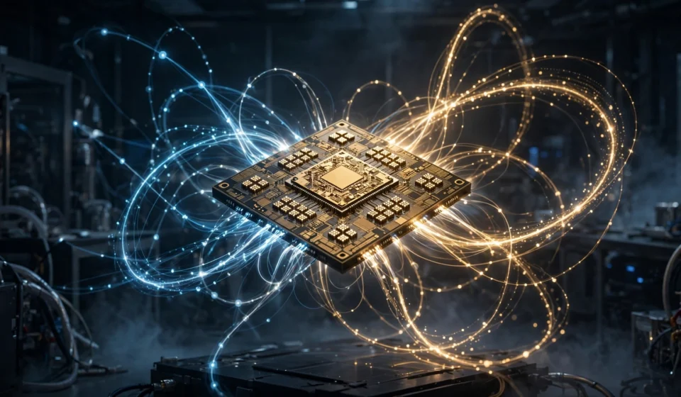 Glowing quantum processor chip with light trails representing qubits