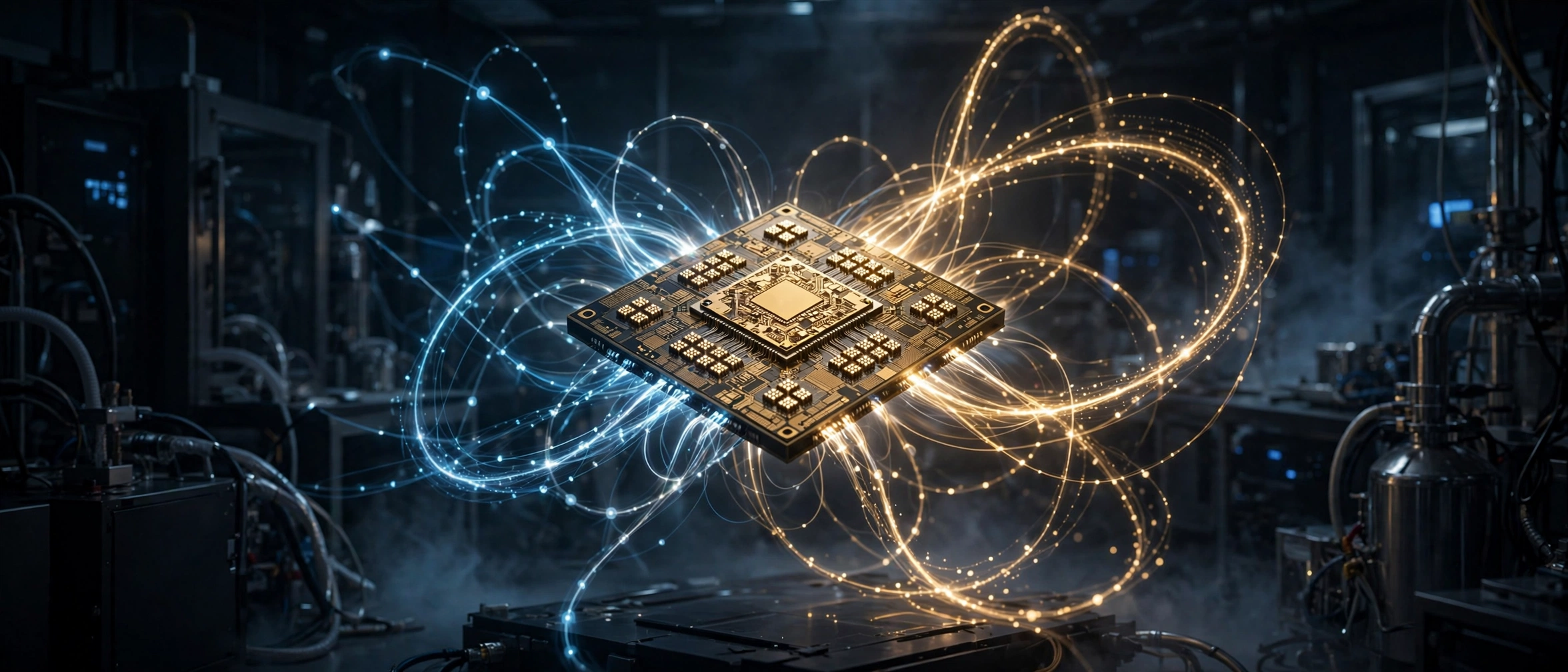 Glowing quantum processor chip with light trails representing qubits