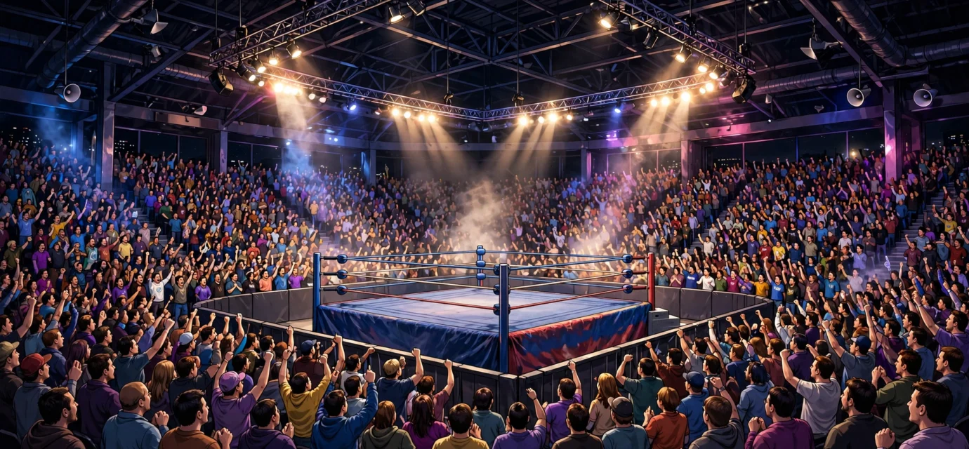 Fans watching a professional wrestling match in an arena