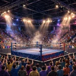 Fans watching a professional wrestling match in an arena