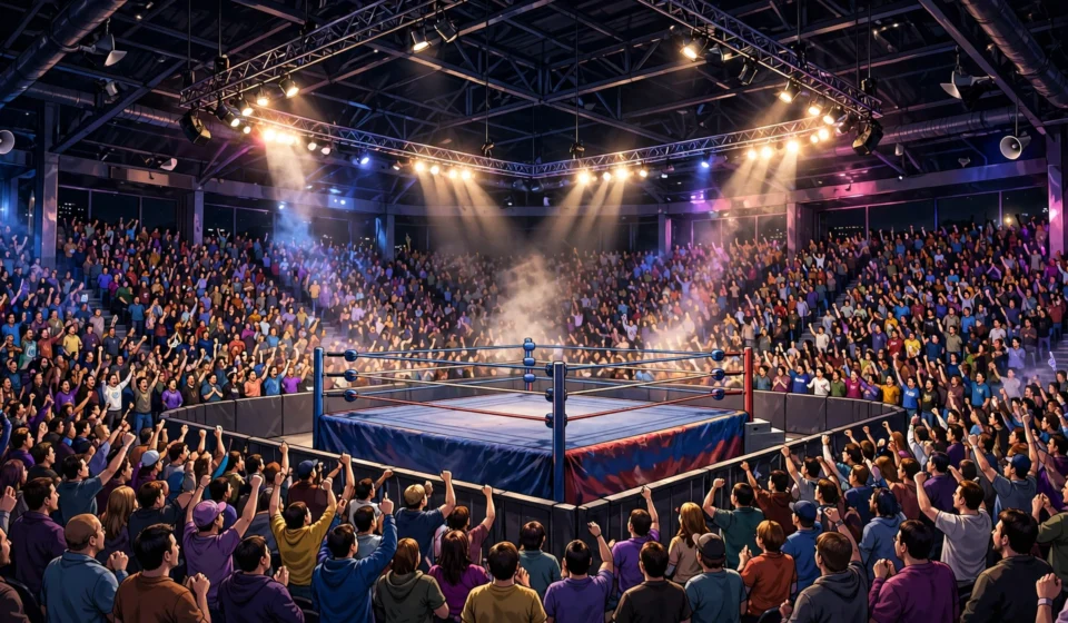 Fans watching a professional wrestling match in an arena