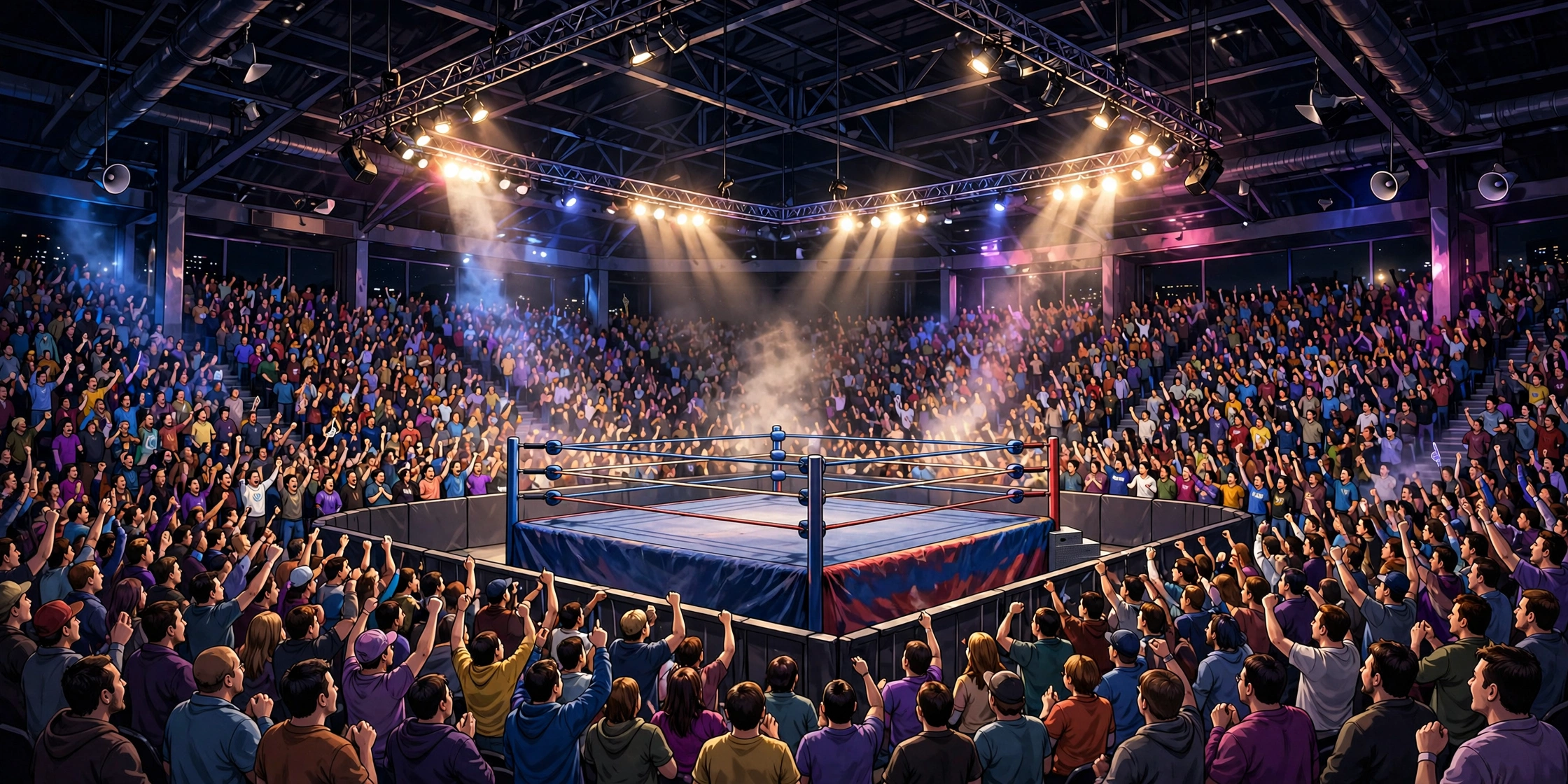 Fans watching a professional wrestling match in an arena