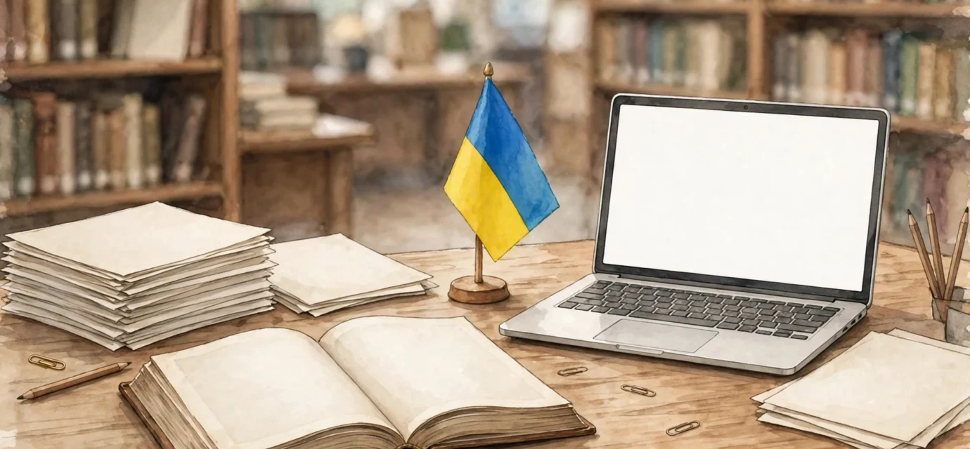 Creator workspace with a laptop and Ukrainian flag
