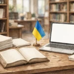 Creator workspace with a laptop and Ukrainian flag