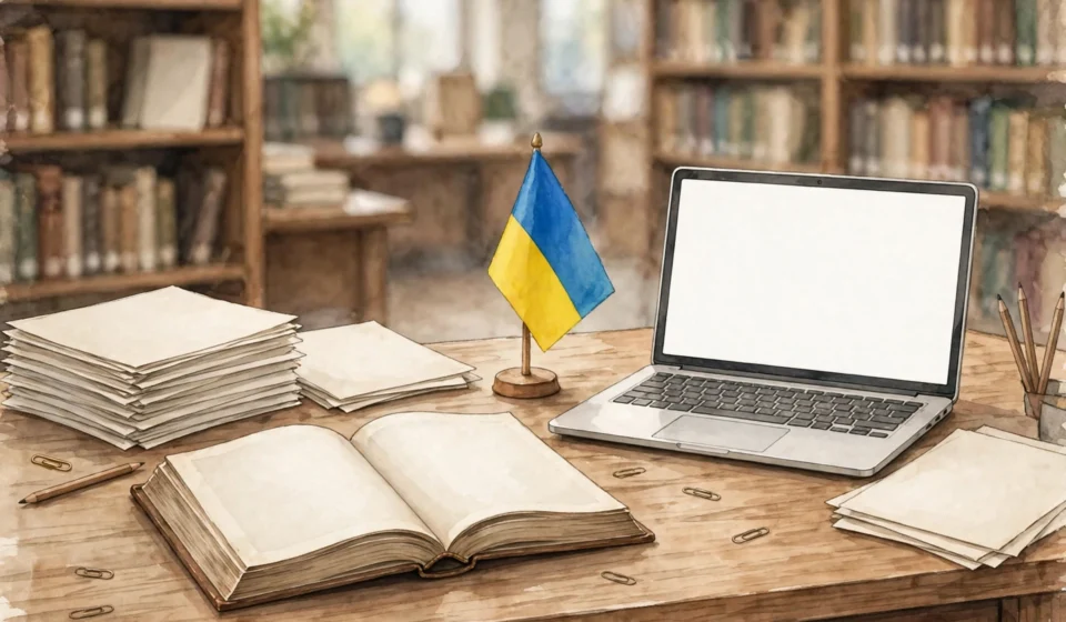 Creator workspace with a laptop and Ukrainian flag