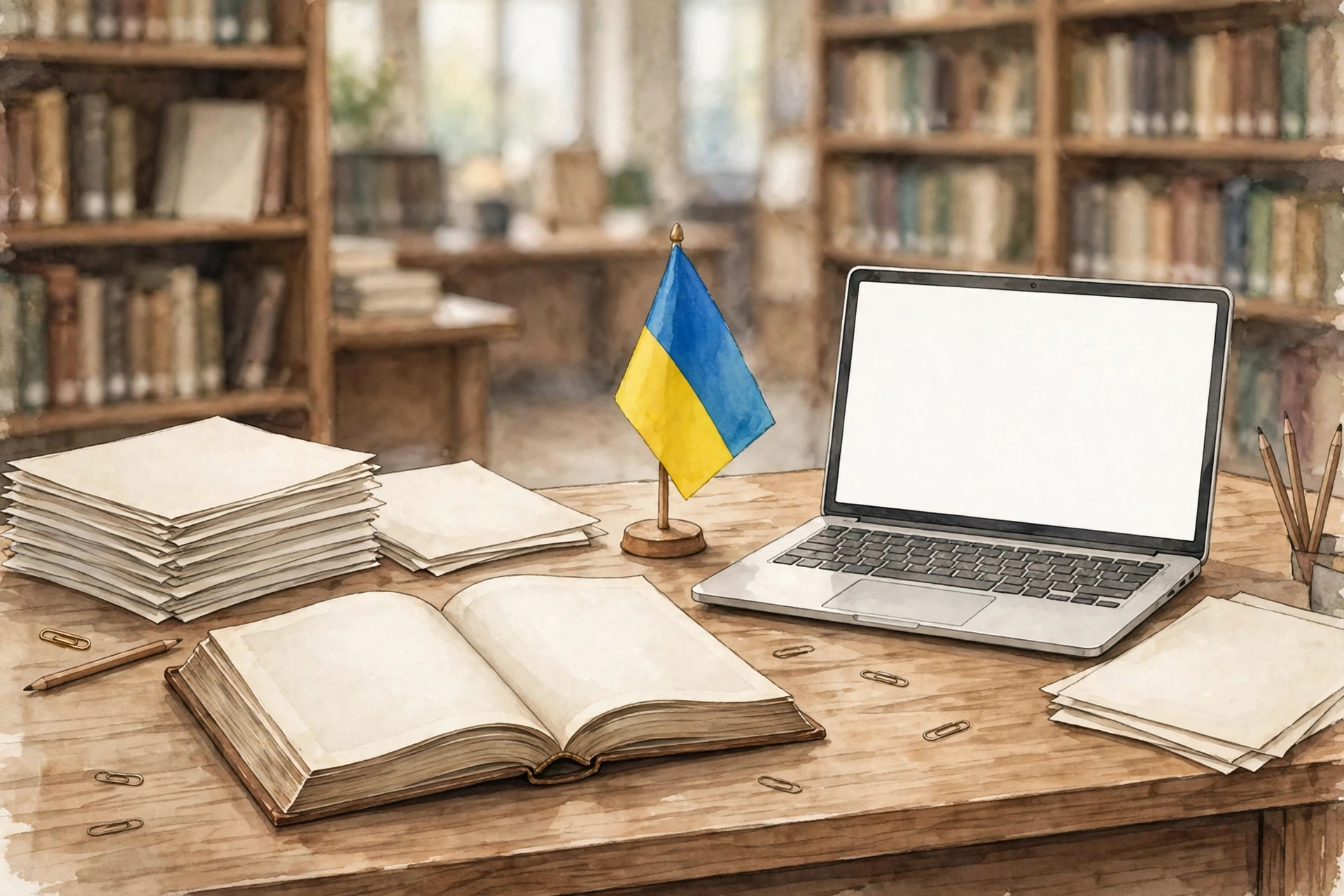 Creator workspace with a laptop and Ukrainian flag